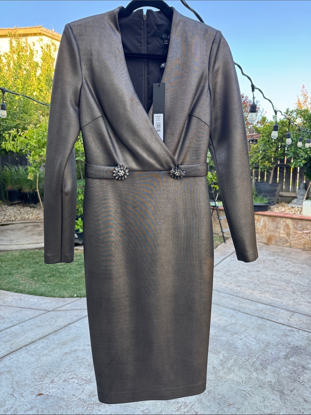 Badgley Mischka Metallic Charcoal Long-Sleeve Sheath Dress with Jeweled Waist